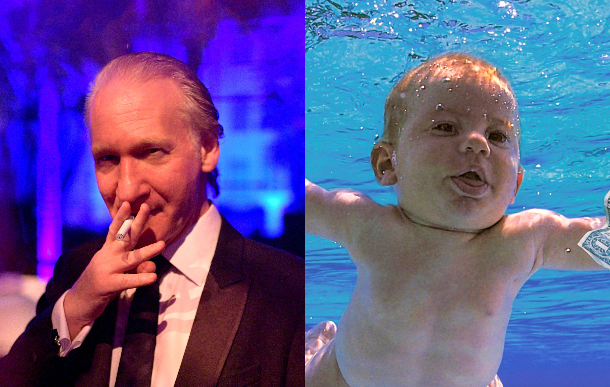 Bill Maher (Matt Winkelmeyer/VF20/WireImage) + Spencer Elden on the cover of Nirvana’s ’Nevermind’