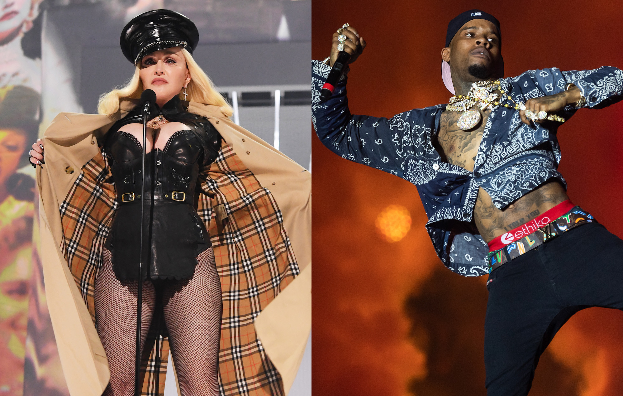 Madonna (Kevin Mazur/Getty Images for MTV/ViacomCBS) + Tory Lanez (Jason Koerner/Getty Images)