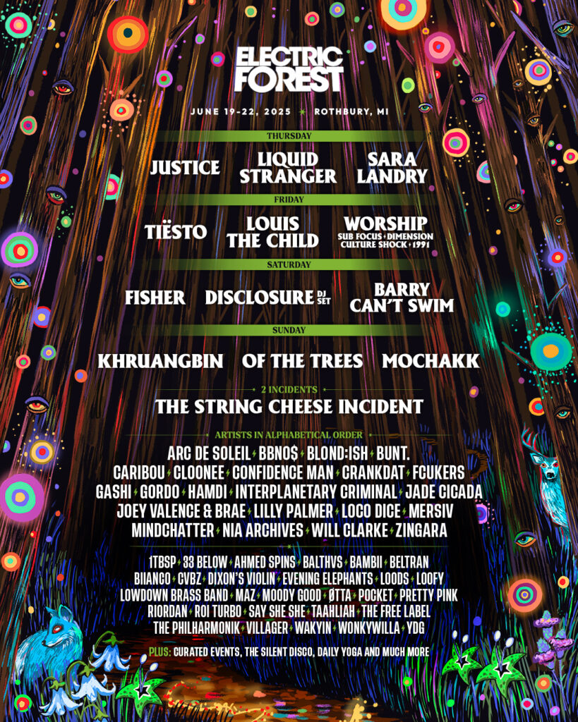 electric-forest-unveils-2025-initial-artist-lineup:-the-string-cheese-incident,-khruangbin,-justice,-caribou,-nia-archives,-say-she-she-and-more