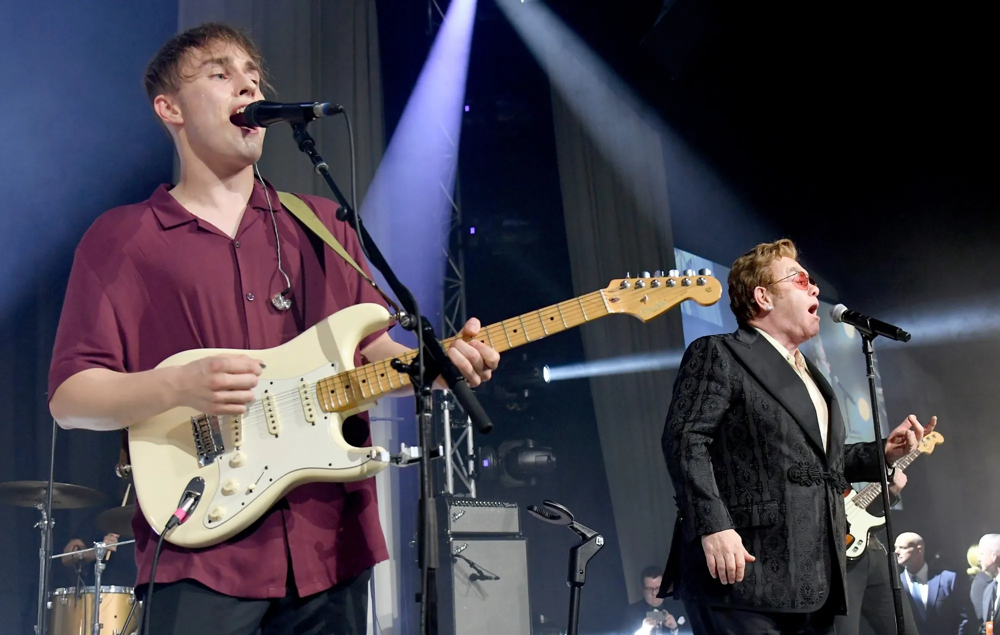 Sam Fender and Elton John performing live onstage together in 2020